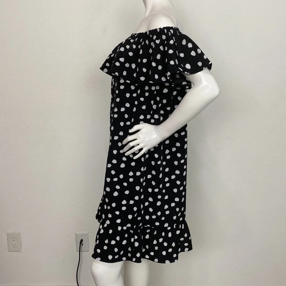 Merona Black White Polka Dot Print Ruffle Off The Shoulder Swing Dress Size L - Picture 6 of 9